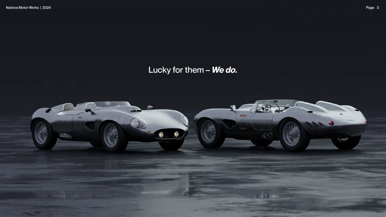 Final deck spread: two Naitove roadsters on wet tarmac under the line Lucky for them, we do